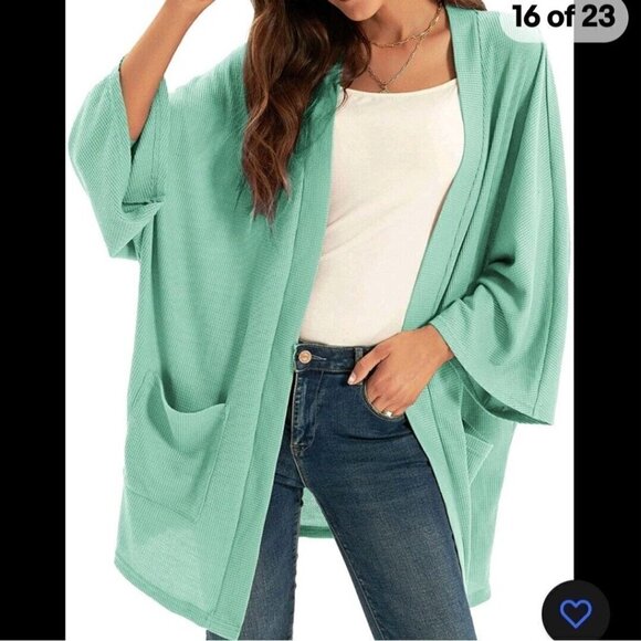 GRACE KARIN Green Lightweight Oversized Cardigan Sweater Waffle Knit Long Sz XL - Picture 1 of 10